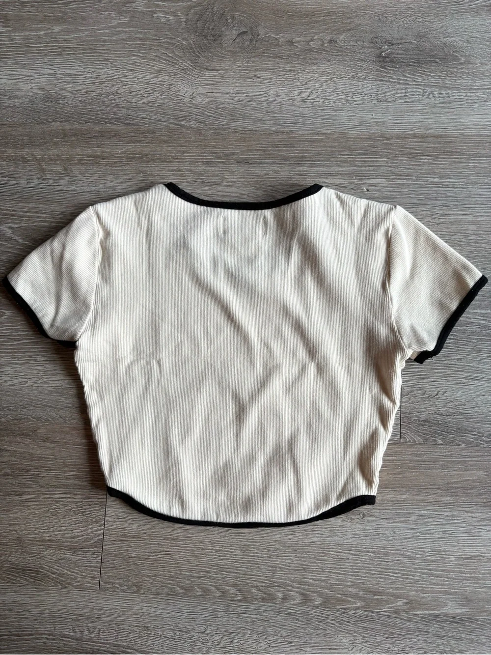 RARE CHANEL Cream Short Sleeve Crop Top with Black Trim and CC Emblem